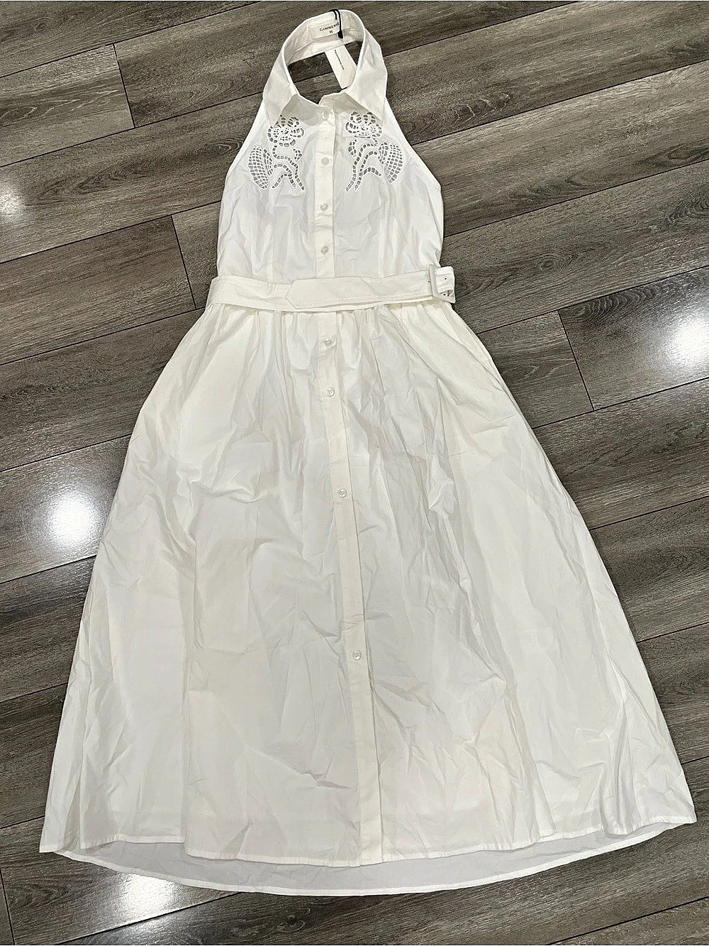 COMMENSE Cotton Embroidered Belted Halter Maxi Dress Midi Dress White XS